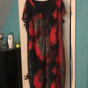 Red, grey and black shift dress.